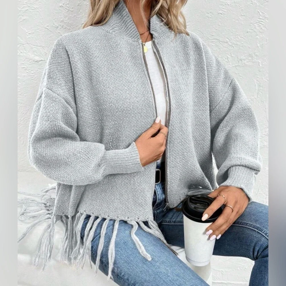 Women's Gray Fringe Sweater